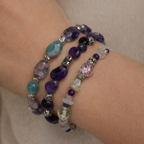 3-Pc Fluorite Amethyst Bracelet Bundle Handmade Artisan Gemstone Stack Set - Picture 2 of 6